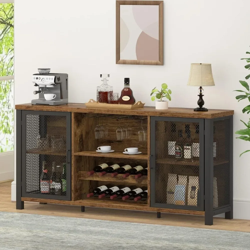 Wine Bar Cabinet for Liquor and Glasses Wood Metal Sideboard Buffet Cabinet for Home Kitchen Dining Rustic Brown 55 Inch Display