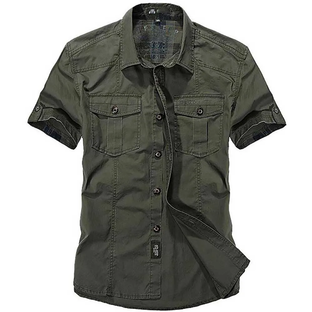 Casual Short Sleeved Shirt Short Sleeved Shirt Button Down Shirt Summer Cotton Casual Shirts Men Loose Shirts Short Sleeve Turn-down Collar Military Style Male Tops