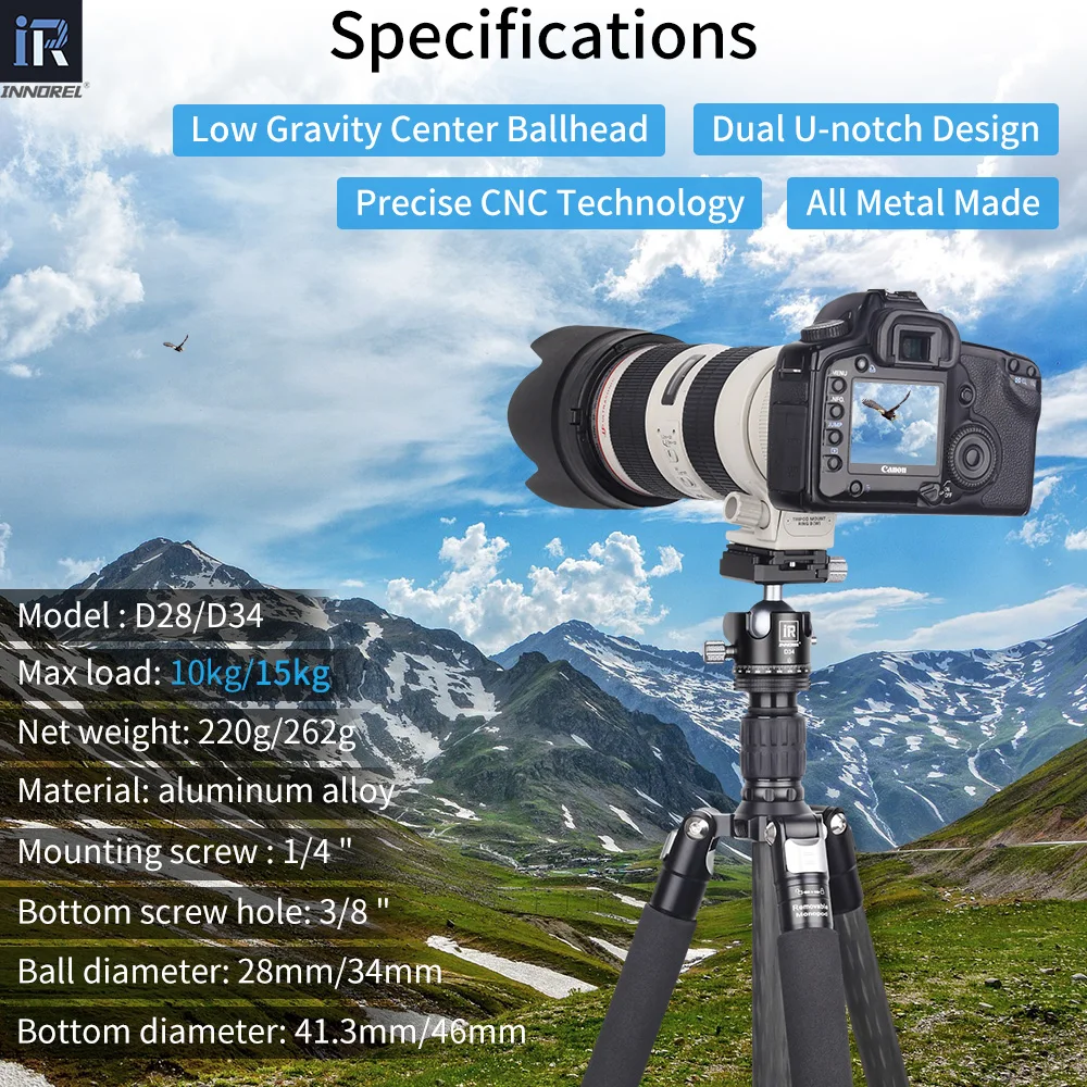 28/34mm Ball Head Dual U-notch Design Professional CNC 360&deg;Panoramic Camera Tripod Head for Monopod DSLR Cameras Camcorder DV tripod ball head cold shoe ball head