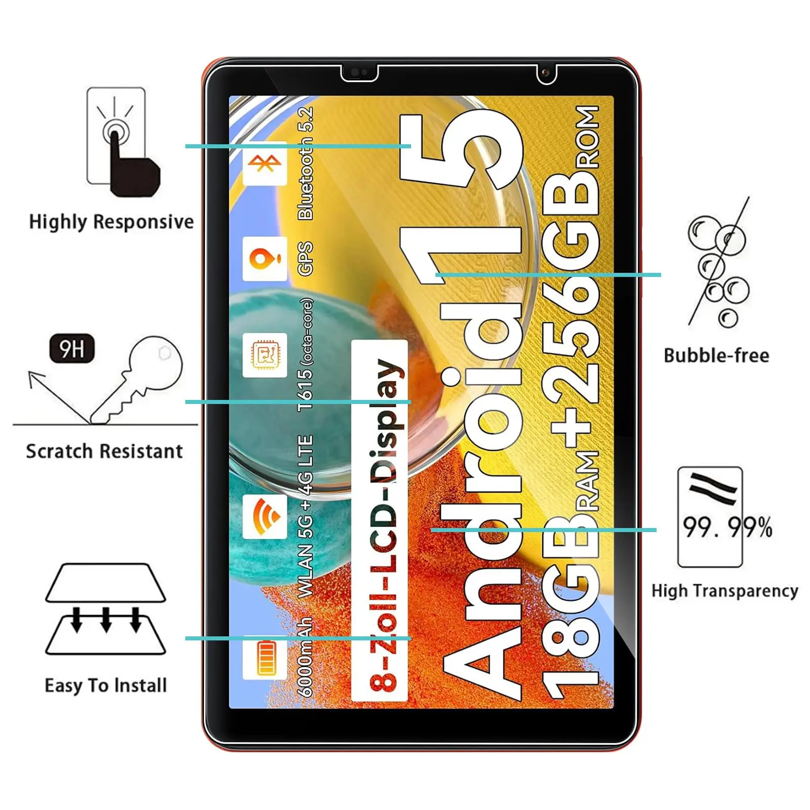 8-Inch Premium 9H Tempered Glass Screen Protector with Anti-Scratch HD Clarity and 2.5D Curved Edges
