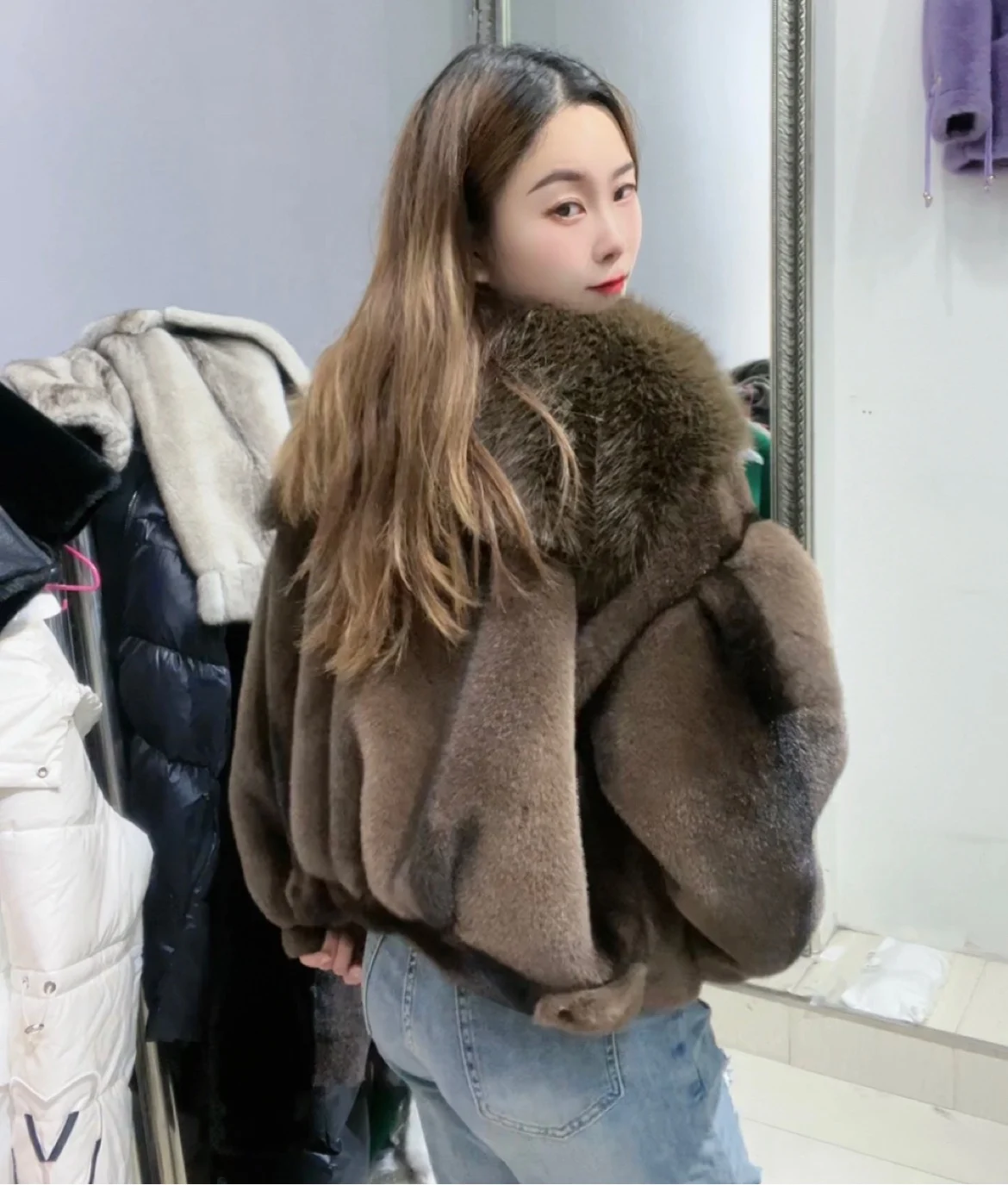 Fashion Solid Color Long Sleeve V-neck Women's Faux Fur Jacket 2023 Autumn and Winter Short Temperamental Pocket Faux Fur Coat
