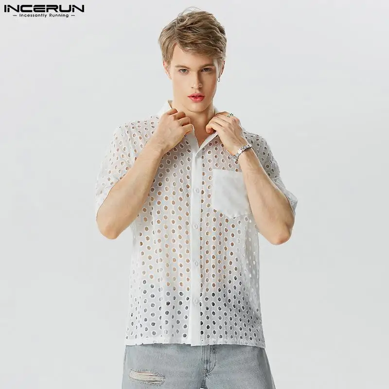 

INCERUN Tops 2023 American Style New Men Personalized Hollow Hole Design Shirts Casual Party Hot Sale Short Sleeved Blouse S-5XL