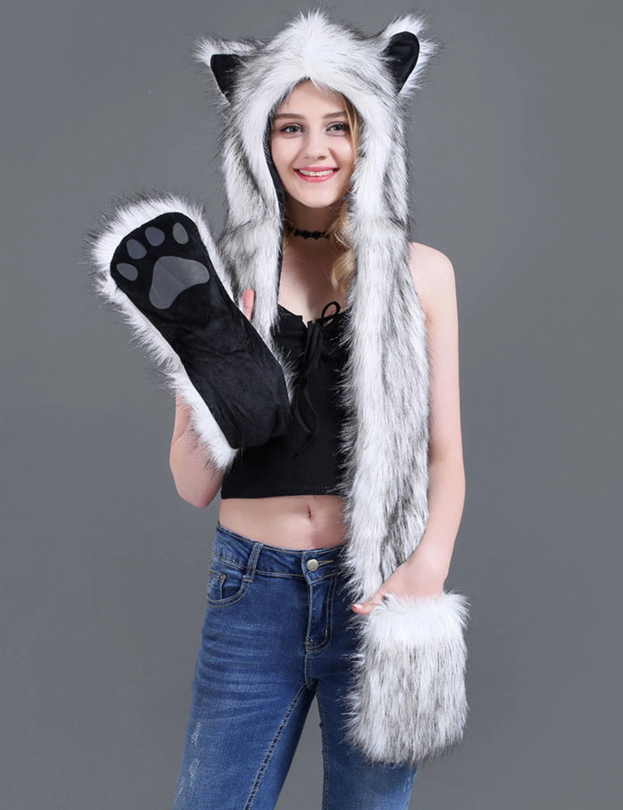 Cosplay White Tiger Winter Faux Fur Hoods Animal Hat Scarf Gloves 3 in1 Fleece Hooded Plush Warm Earmuff Warcraft Cap