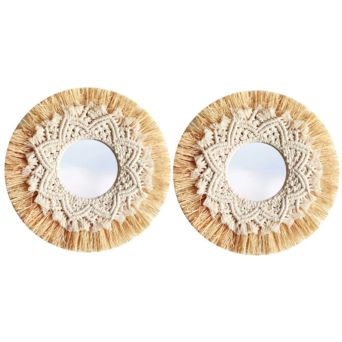 

2X Nordic Straw Woven Hotel Bed and Breakfast Wall Boho Decor Handwoven Mirror Macrame Decorative Mirror