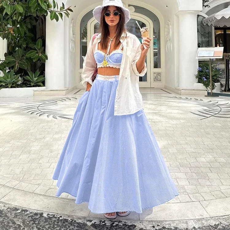 Lace Patchwork 2 Piece-Set Long Skirt For Women Contrast Slim Backless Cropped Tank Top And High Waist Maxi Skirt Outfits