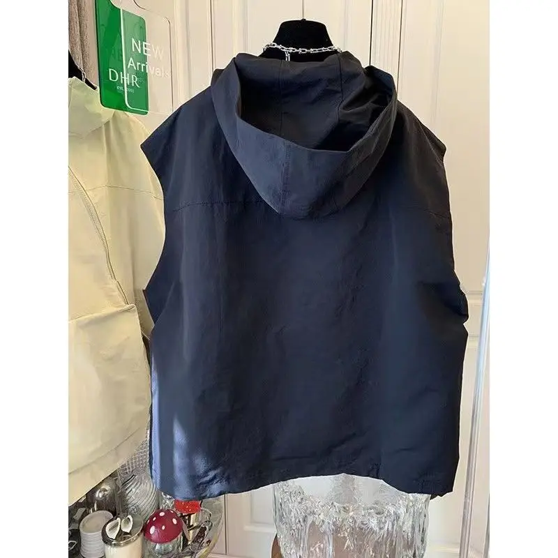 Deeptown Summer Sleeveless Windbreakers Jacket Women  Oversize Casual Streetwear Black Hooded Vest Korean Fashion Techwear Tops