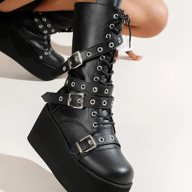 

Ladies Shoes 2023 Hot Sale Mid-Calf Women's Boots Round Toe Side Zip Boots Women Belt Buckle Lace Up Wedges Platform Shoes Women