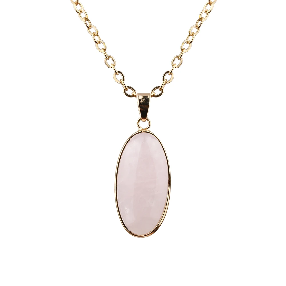 

Fashion Natural Stone Oval pink quartz Opal Pendant Necklace For Women Jewelry