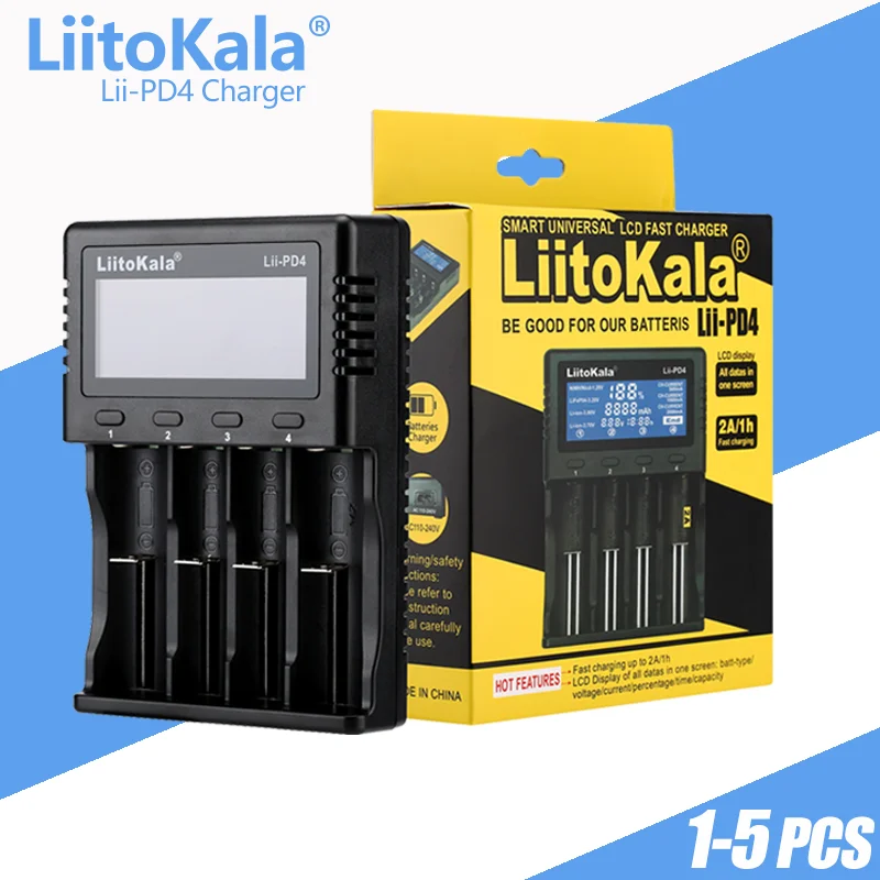 LiitoKala Lii-PD4 LCD Battery Charger for 18650 18350 18500 21700 20700B 10440 26650 1.2V MH/3.7V battery smart charger 1-5PCS