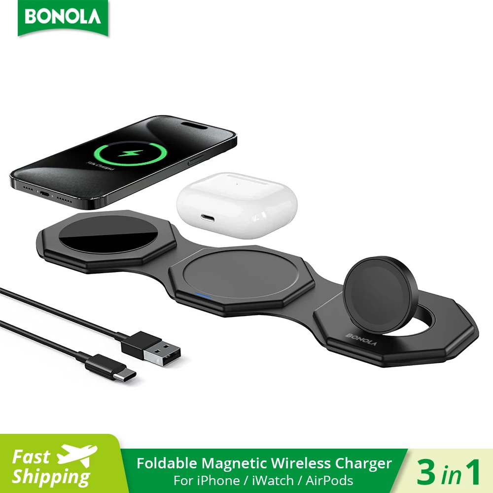 

Bonola Wireless Charger 3 in 1 Foldable for iPhone 15pro/14/13 Magnetic Portable 15W Wireless Chargers for Apple Watch/AirPods