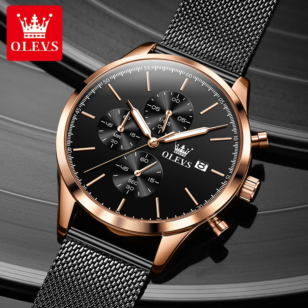 OLEVS Mens Watches Top Brand Luxury Stainless Steel Mesh Strap Quartz Watch Men Waterproof Chronograph Watch Relogio Masculino