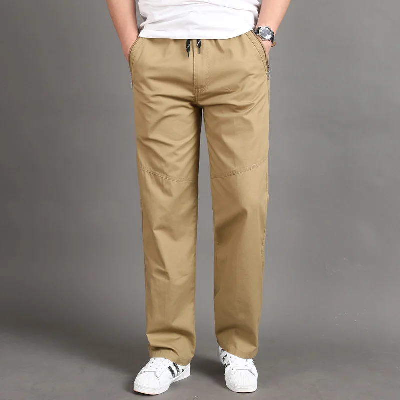 

Men's Casual Cargo Pants Four Seasons 95% Cotton Men Trousers Elastic Waist Multi Pockets Loose Straight Jogging Thin Pants 6XL