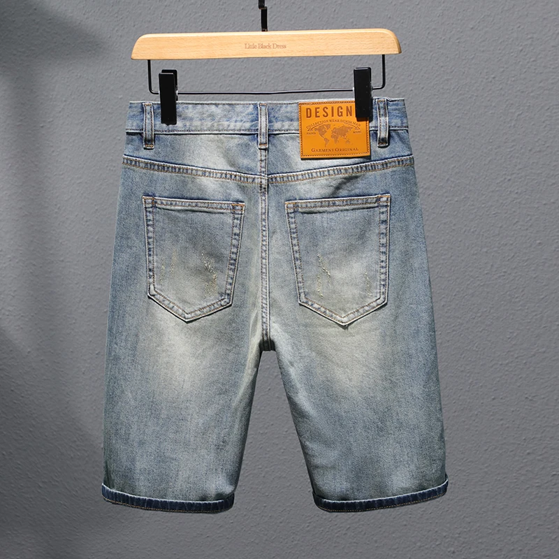 Summer Retro Denim Shorts Men's Loose Straight Stretch Fashion Trendy Casual Korean Street Distressed Cropped Pants