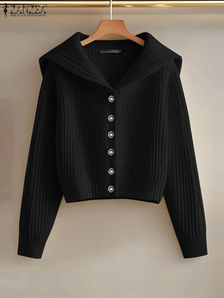 ZANZEA Vintage Sailor Collar Women Cardigans 2025 Spring Autumn Elegant Casual Chic Button Up Sweaters Korean Style Short Tops 2