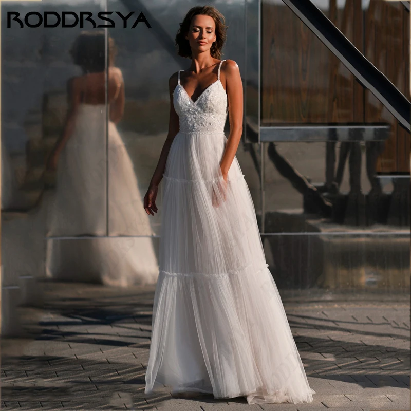 

RODDRSYA Sexy V-Neck Spaghetti Straps Wedding Dress for Bride Romantic Backless Vestido Novia Civil A-Line Tulle Bridal Gowns