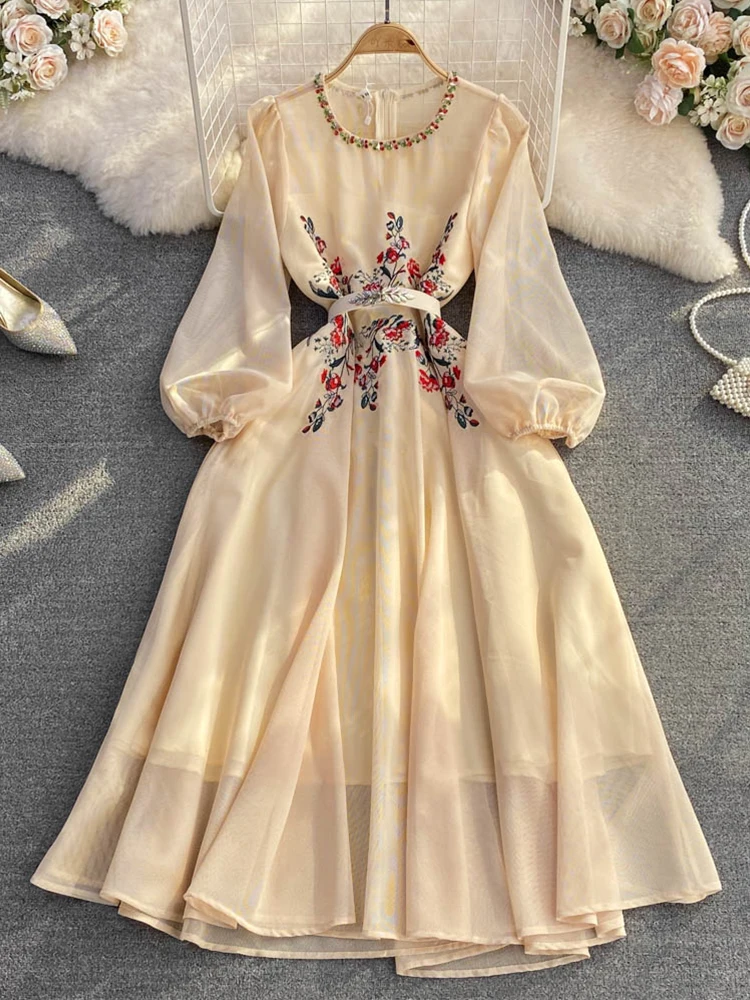 FTLZZ Summer Elegant Women O-neck Puff Sleeve Long Dress