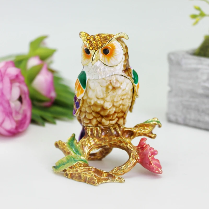 SHINNYGIFTS Schmuckkästchen aus Emaille-Metall, Eule auf dem Baum, kleine dekorative Geschenkbox für Zuhause – Detail 11