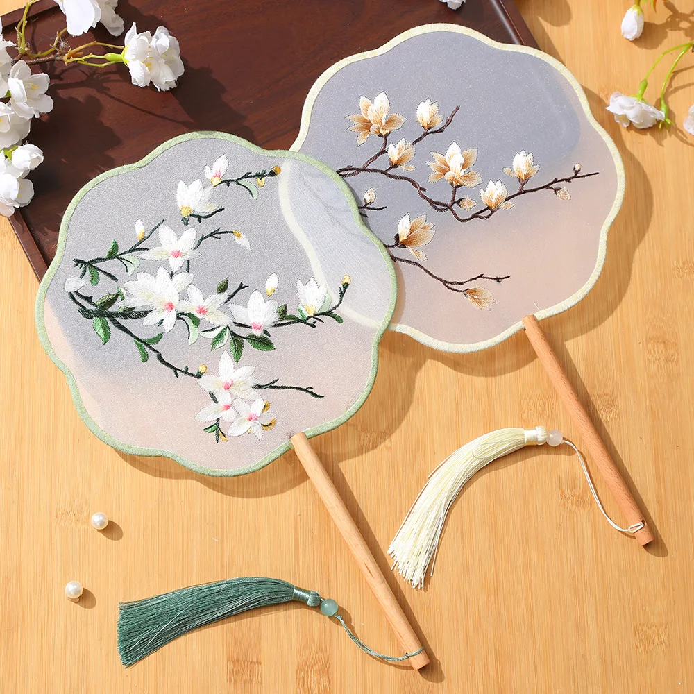 Embroidered Group Fan Ancient Style Fan Summer Long Handled Tassel Dance Hanfu Palace Fan Children's Cheongsam Round Fan 4