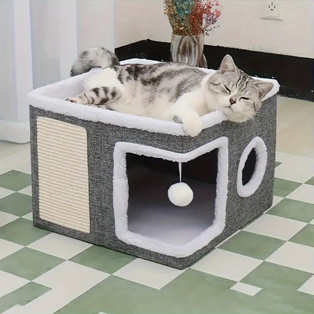 4-Season Multi-Level Cat House Heated Cat Bed for Indoor Cat Indoor Foldable Removable Cushion,Anti-Slip Base Winter Warmth Cave 4