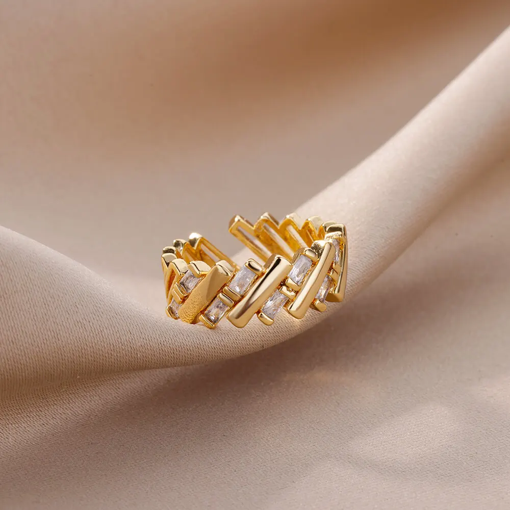 Zircon Bar Rings Gold Plated Stainless Steel Opening Ring For Women