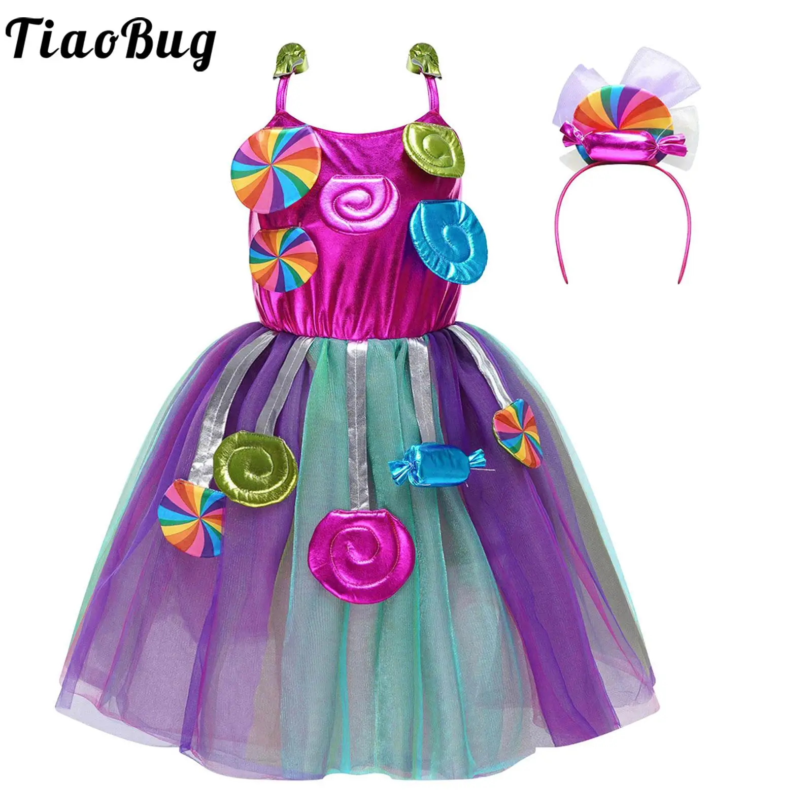 

Kids Girl Sweet Candy Costume Glittery Fancy Rainbow Princess Tutu Dress Outfit Halloween Cosplay Carnival Party Clothing