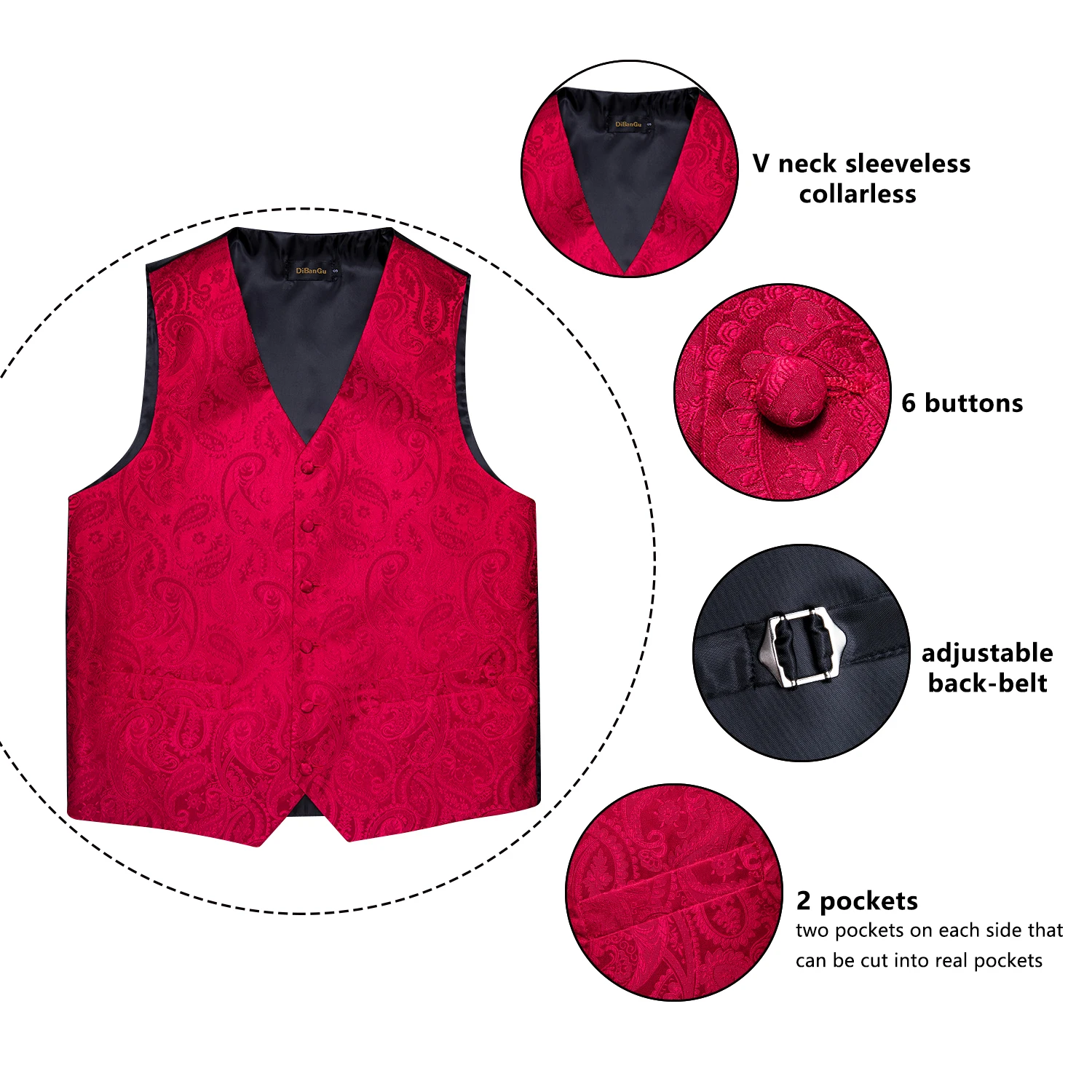 Wedding Red Paisley Vest for Man Groom Luxury Business Tie Bowtie Pocket Square Cufflinks Set Party Sleeveless Dress Waistcoat 5