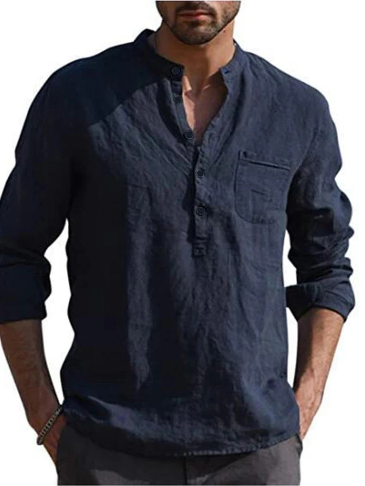 

2024 Plus Size Cotton Linen Hot Sale Men's Long-Sleeved Shirts Summer Solid Color Stand-Up Collar Casual Beach Style