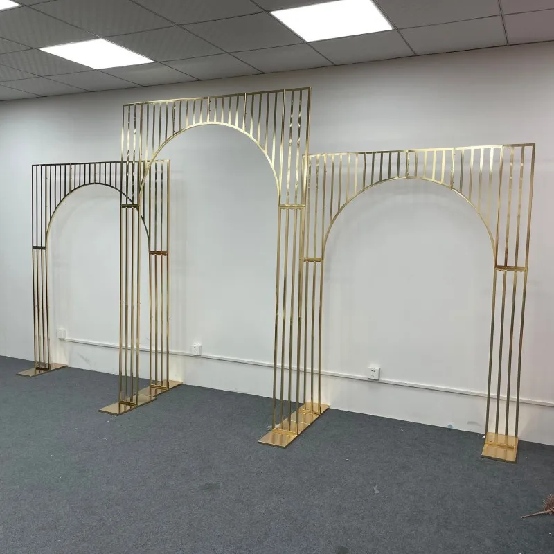Wrought Iron Screen Arch Gilded Shelf, Wedding Backdrop Decor, Geometry Props, Artificial Flower Stand, Shiny Frame, 3Pcs