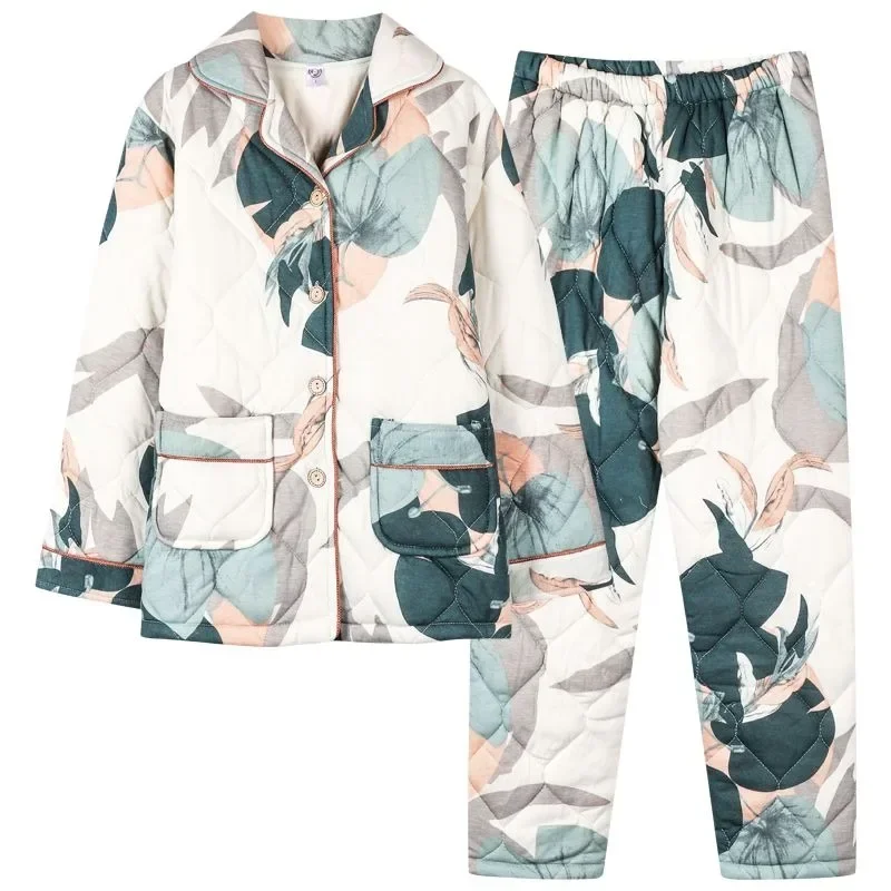 2024 New Pajamas Women Autumn Winter Cotton Pajamas Cotton Thickened Sleepwear Warm Homewear Middle-aged Mom Loungewear Set
