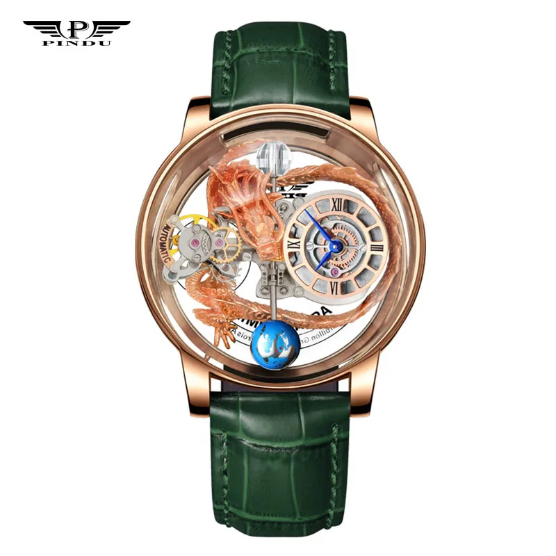 

2023 PINDU High-Quality Chinese Dragon Men Quartz Watches Convex Mirror Hollow Transparent Design Watch Man Relogio Masculino