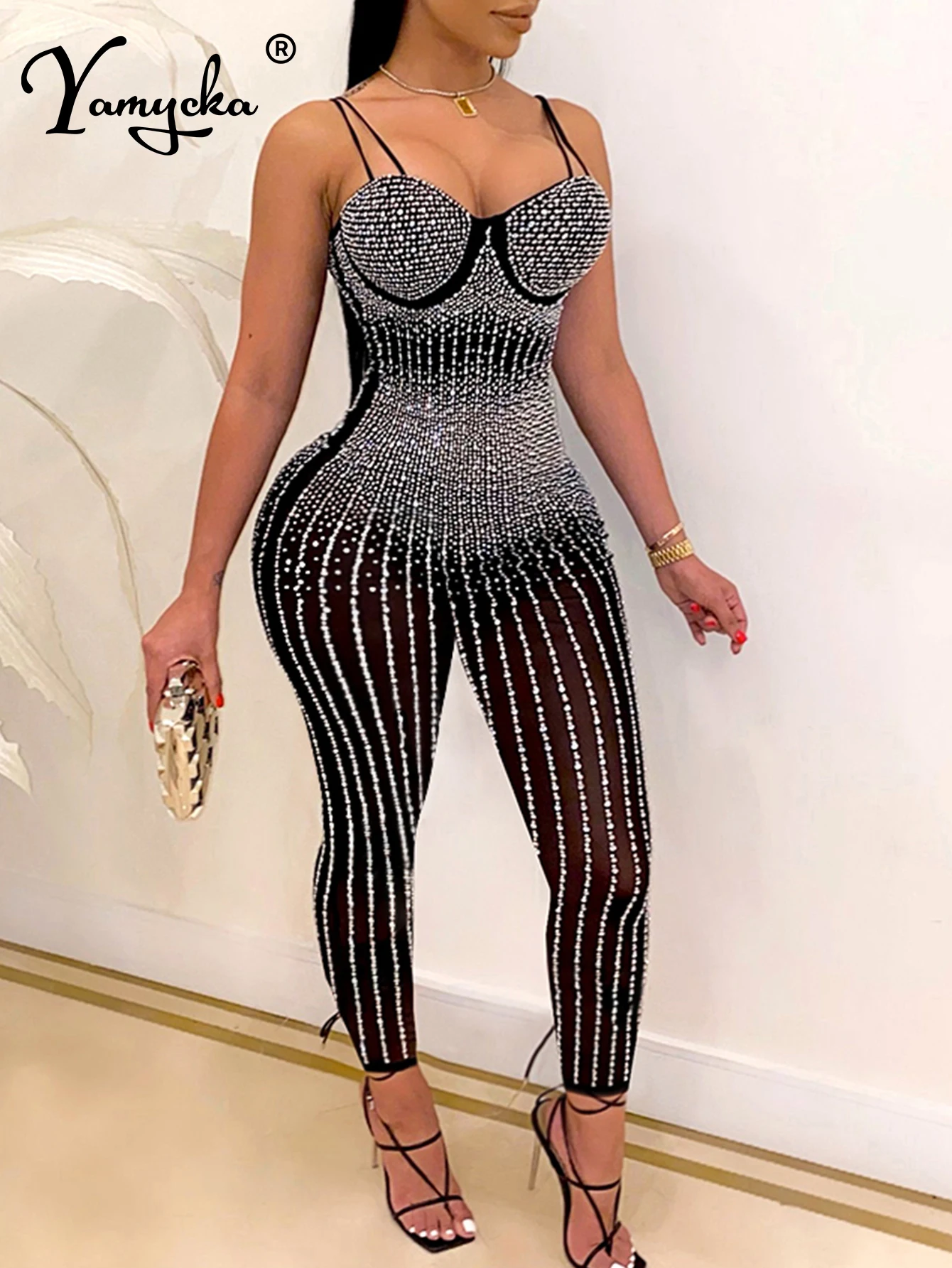 Sexy see through mesh Rhinestone jumpsuit women 2024 summer body birthday party club outfits slip one pieces bodycon jumpsuits