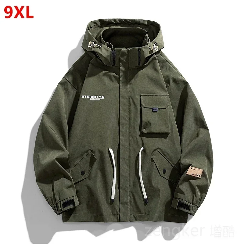 

Large size jacket men's spring autumn multi-pocket loose workwear jacket hooded youth trendy tops mens clothes 8XL 9XL