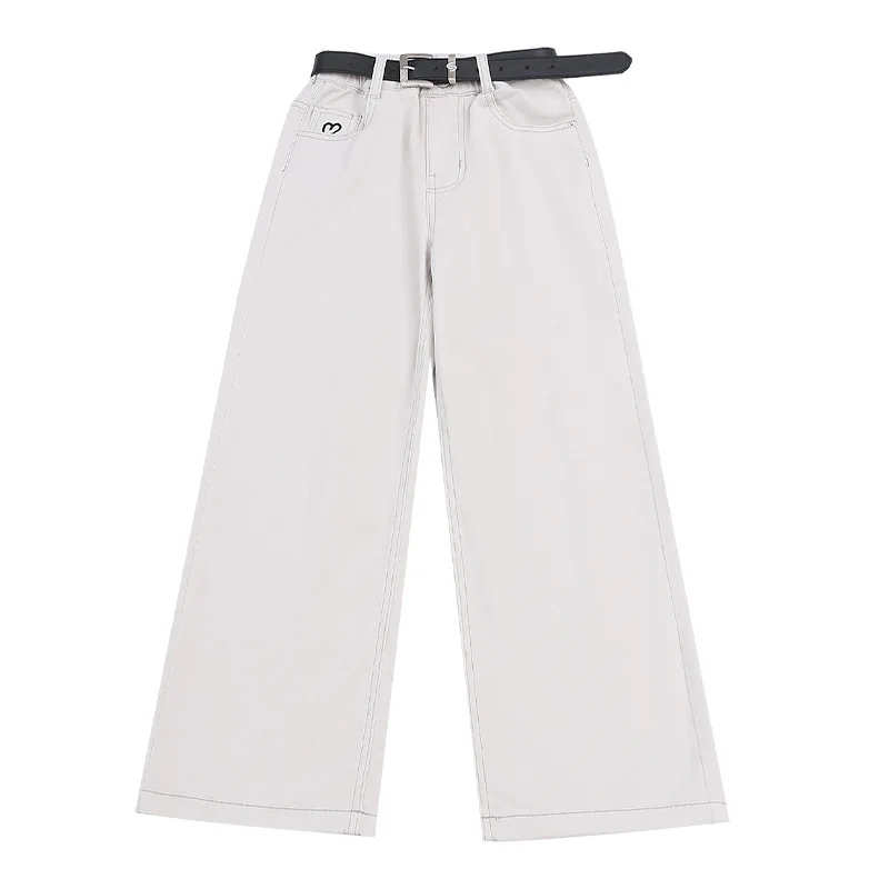 키즈 봄 가을 솔리드 화이트 청바지 십대 소녀 하이 패션 스트리트웨어 바지 아동 루즈핏 스트레이트 레그 데님 팬츠