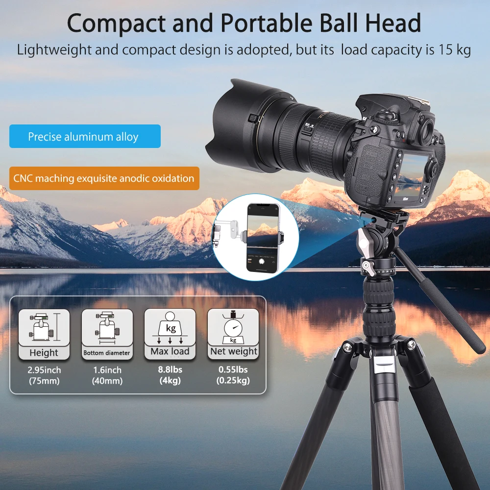 ARTCISE VH01 360 Panoramic CNC Hydralic Damping Mini Tripod Fluid Head for Tripod Video DSLR Camera Camcorder Phone,Max Load 4kg