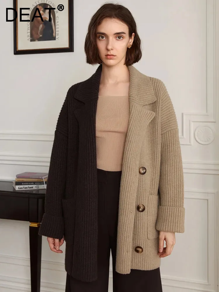 

DEAT Fashion Women's Knitted Cardigan Lapel Contract Color Single Breasted Pockets Warm Thick Sweater Winter 2023 New 7AB1888