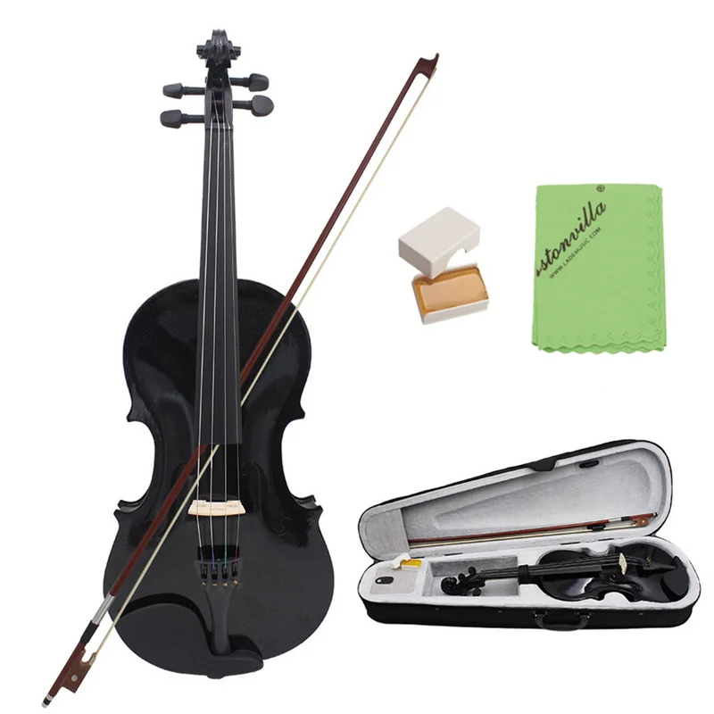 

Gift for Christmas 4/4 Full Size Basswood Black Acoustic Violin Fiddle Kits with Case & Bow & Rosin for Violin Beginner