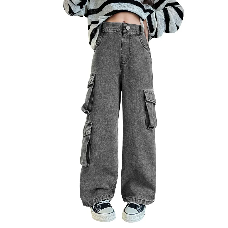 Teenage Girls Wide Leg Cargo Jeans 2024 Autumn Fashion Kids