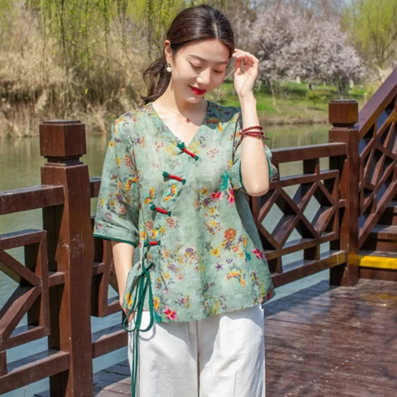 Women Chinese Shirt Vintage Cotton Linen Floral Print V Neck Chinese Style Female Hanfu Blouse