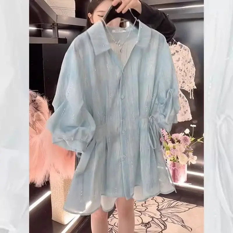 Camicia con colletto POLO in vita con lacci sbavata per donna Estate nuovo cardigan con maniche a sbuffo e top con diamanti - immagine 3