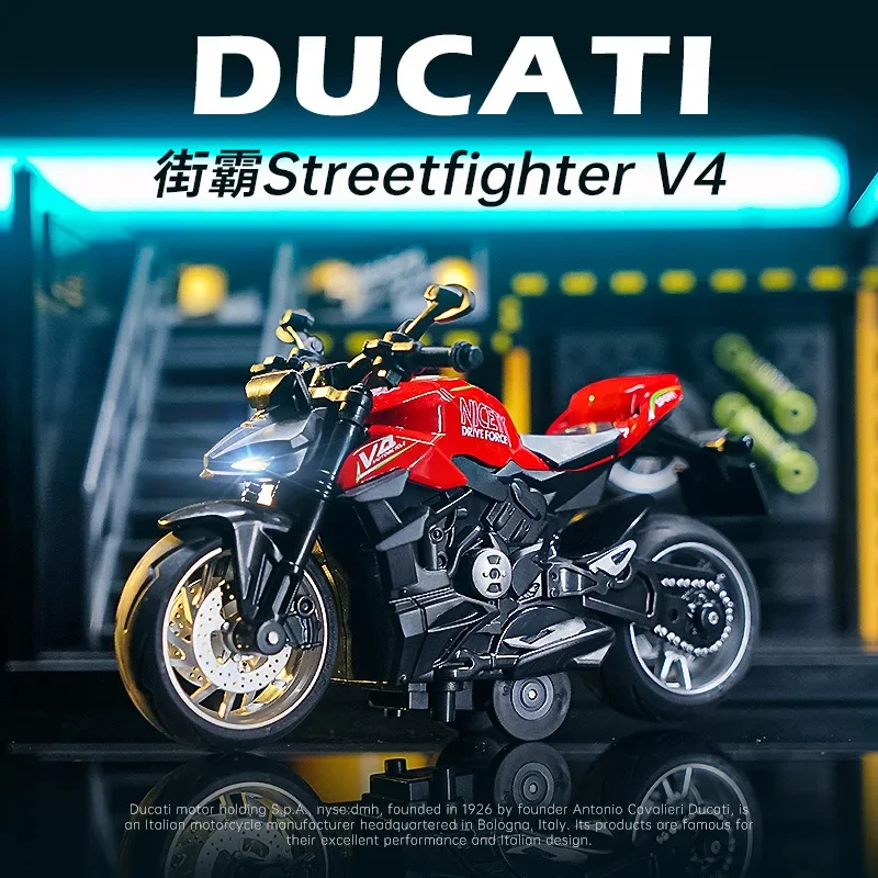

Модель мотоцикла Ducati Streetfighter V4 1:12, модель литая из металлического сплава, модель автомобиля со звуком, Коллекция детской игрушки, подарок