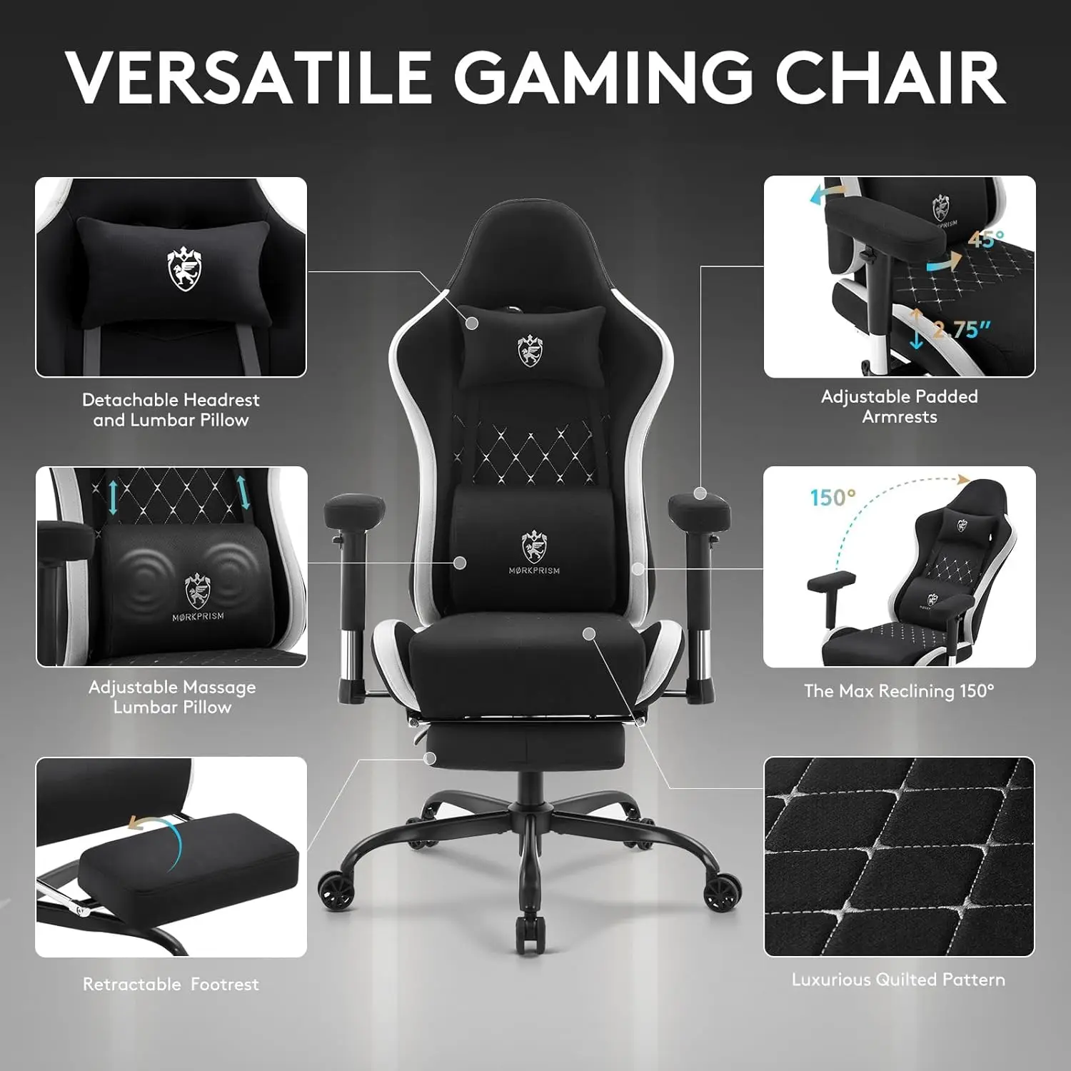 Gaming Chair Breathable Fabric,Computer Office Chair with Footrest,Massage Lumbar Support and Gel Pad,Ergonomic Reclining Gamer