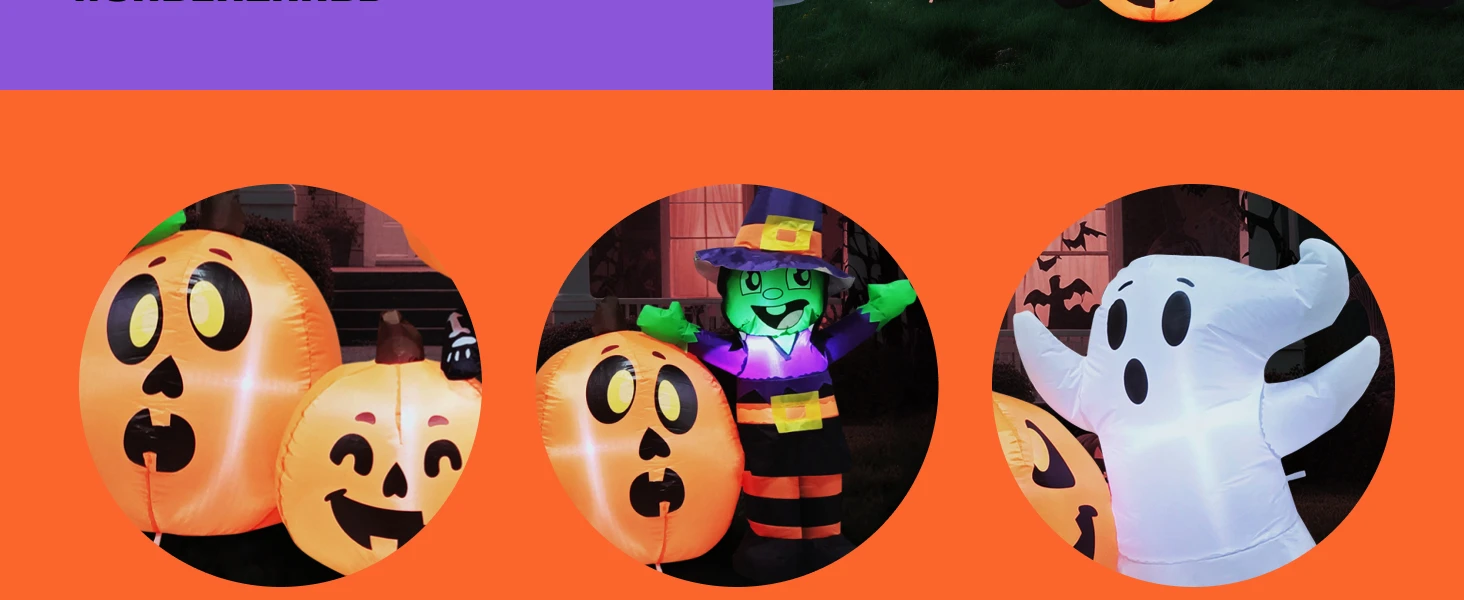 JOYFY 8 ft Long Halloween Inflatable Three Characters and Pumpkin Patch Outdoor Decoration Inflatable Witch Ghost Skeleton Yard