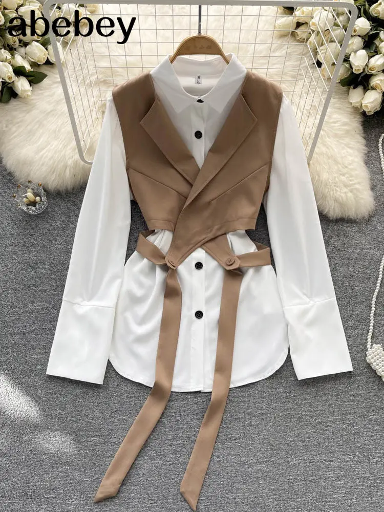 

Japanese Style Woman Oversized Unique Two Piece Outfits Long Sleeve Casual Blouses Vest Set Feminine Shirt chemise femme