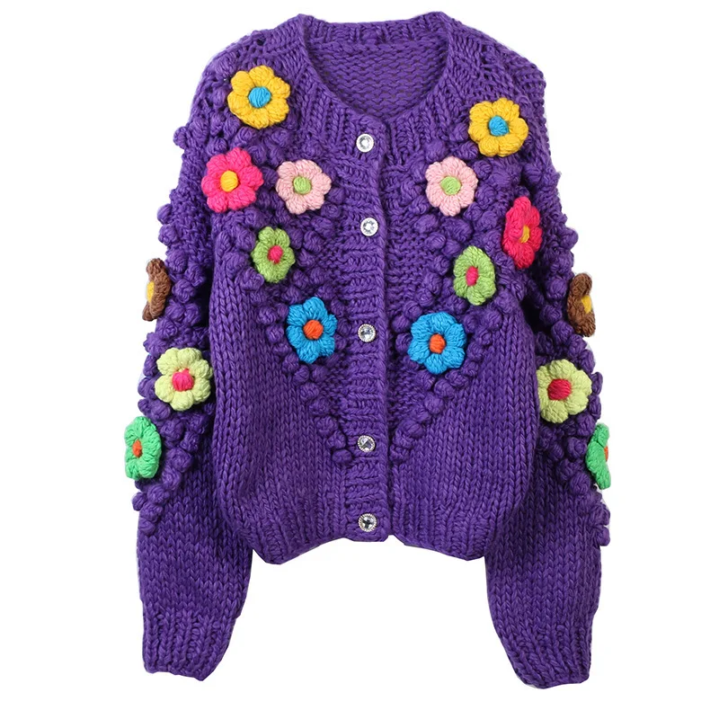 

Women Purple Clothing Autumn Winter Sweaters Contrasting Color Flower Splicing Round Neck Sweet Stick Coats Cardigan Girly Style