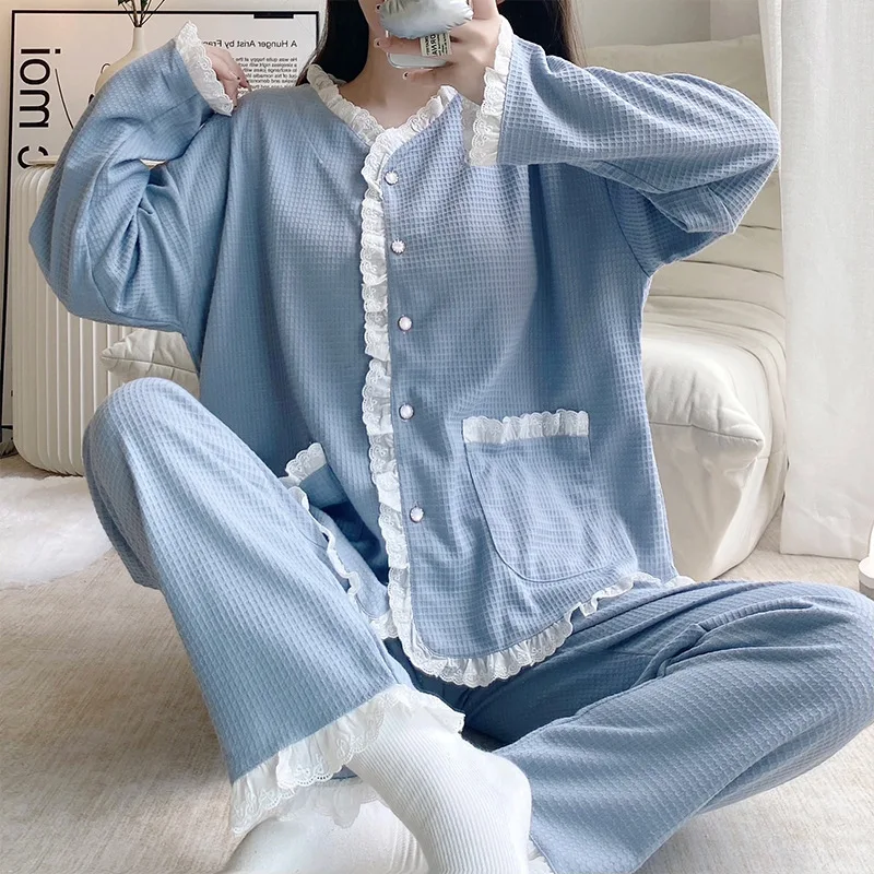 Women 2 Pieces Pajamas Sets 100% Cotton Pijama Print Female Pyjama Sleepwear Long Sleeve Shirt Pants Suit Homewear Loungewear