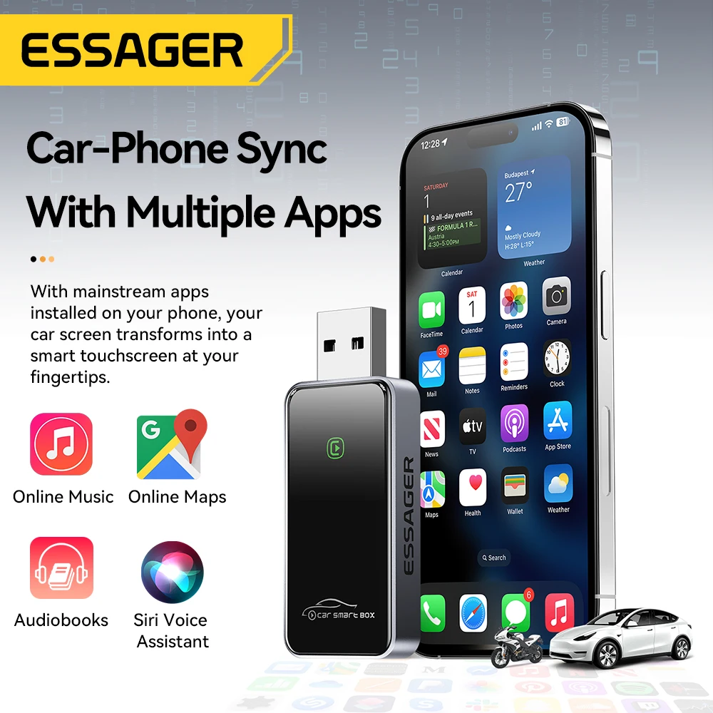 Essager Wireless CarPlay Adapter for iPhone Wired to Wireless Carplay For Car Stereo With USB Plug Connection Auto Adapter
