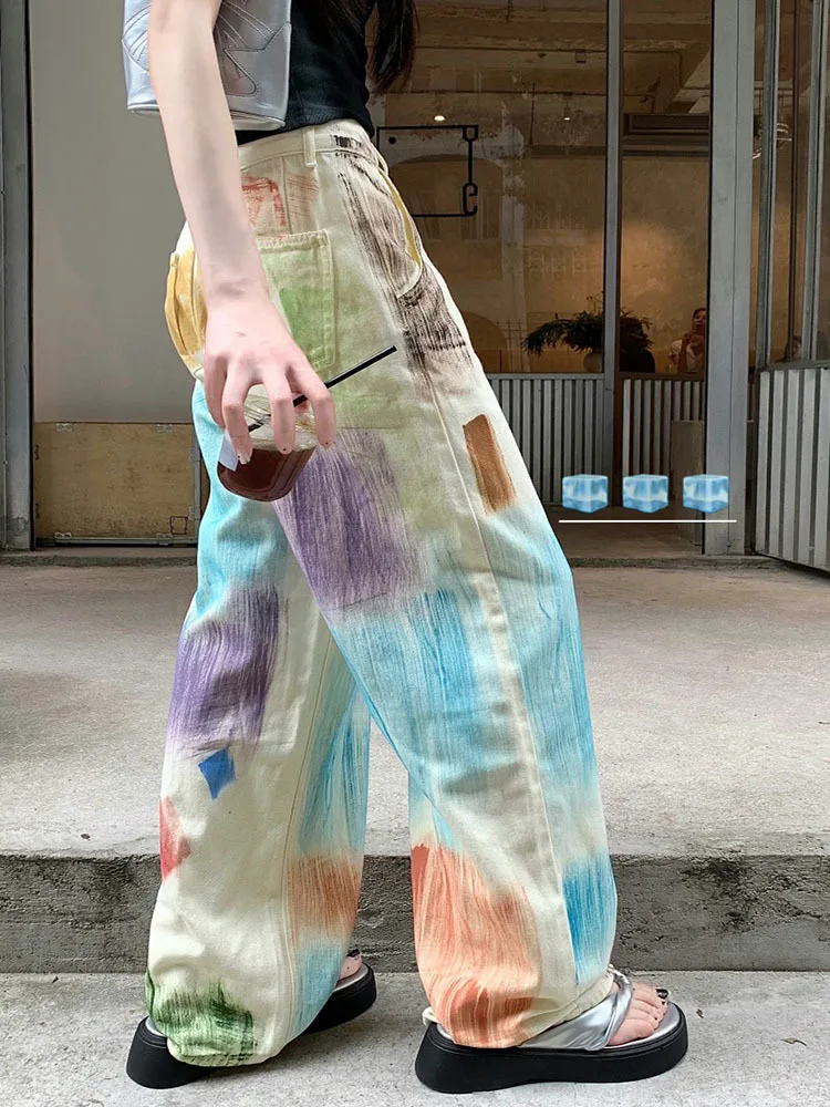 

Women Pants Chic Summer 2023 New Paintings High Waist Vintage Wide Leg Long Trouser Denim Streetwear Fashion Jogger