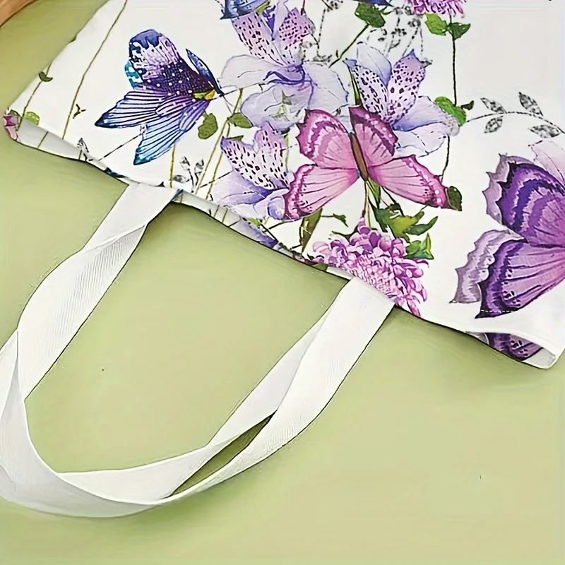 Flower butterfly printed tote bag, reusable fashionable backpack, multifunctional handbag, printed canvas shopping bag