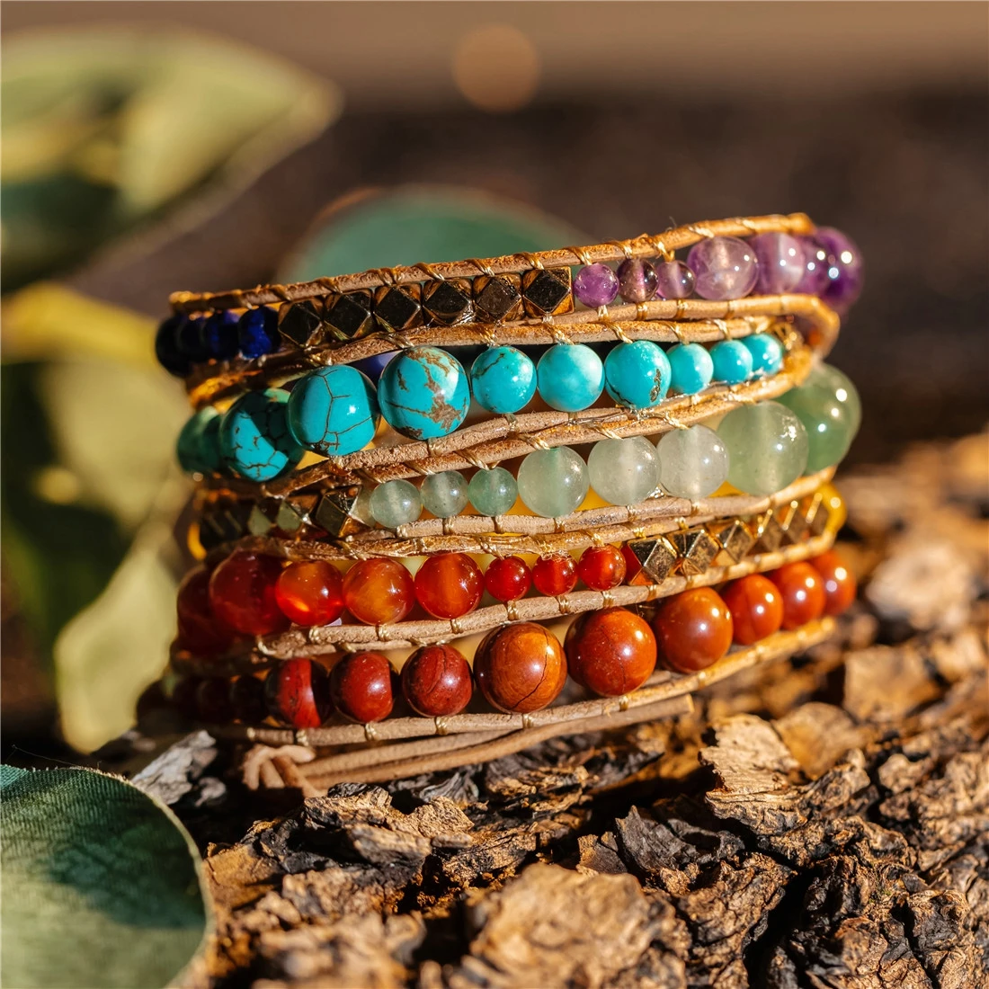 Multilayered Leather Wrap Bracelet W/ Natural Stone Chakra Beaded Strands Bracelet Boho Beads Jewelry Wholesale Dropshipping