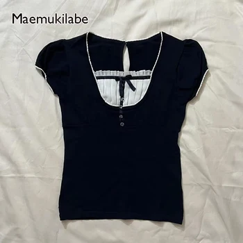 Maemukilabe Korean Preppy Kawaii Bow Crop Top Vintage Square Collare Puff Sleeve Milkmaid Top Tees Harajuku Grunge T-shirt Women 1
